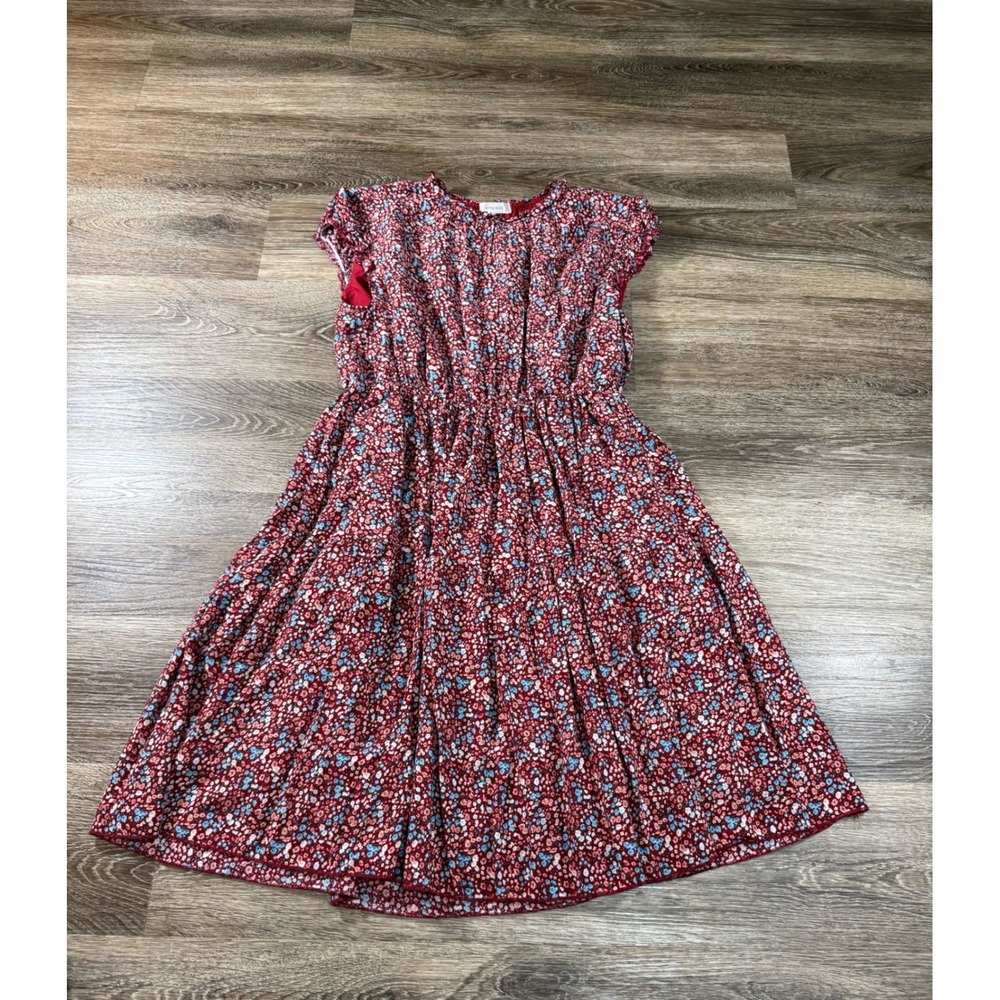 Tiered Floral Ditsy Mini Dress Cap Sleeve Elastic Waist Red Skirt Small KIRUNDO